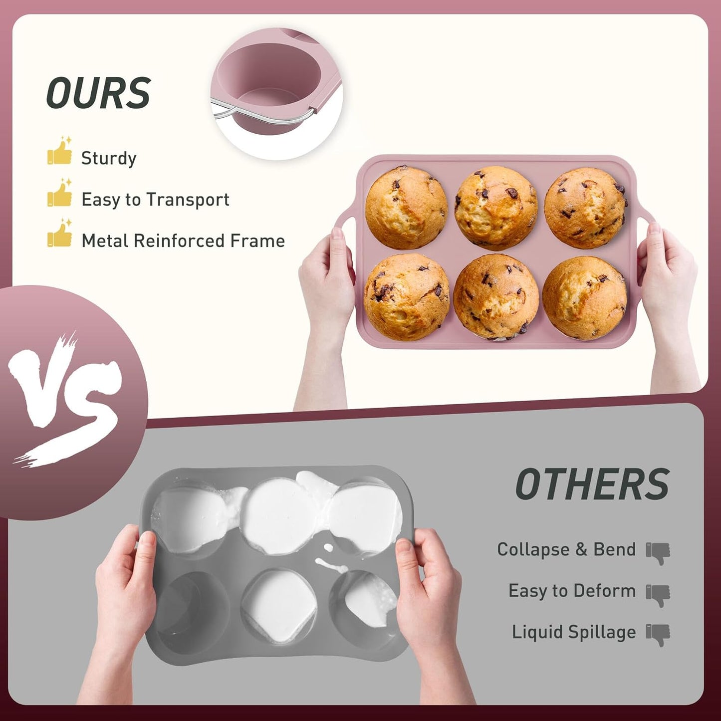 2 Packs 6 Cups Silicone Muffin Pan with Metal Reinforced Frame Jumbo Size Cupcake Pan Tray Egg Bites Silicone Circle Cookie Molds Muffin Tin Tart Pans Baking Sheet Set for Breakfast Sandwiches