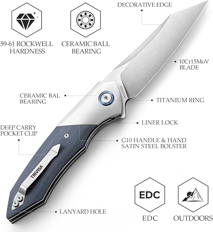 Folding Pocket Knife with Clip for Men, 3.5" 10Cr15CoMoV Blade, Steel Bolster & G10 Handle and Titanium Ring,Ball Bearings Pivot,Camping Outdoor EDC Fruit knife,Vul-03