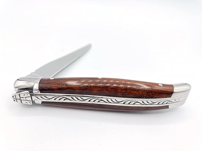 Laguiole en Aubrac Handmade Plated Folding Pocket Knife, 3.5-in (9cm). Amourette Wood Handle, Stainless Steel Shiny Bolsters