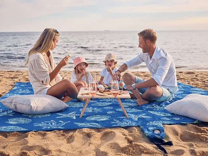 WEKAPO Beach Blanket Waterproof Sandproof Oversized, Extra Large Beach Mat Sand Free, Lightweight & Compact Sand Free Mat with 6 Stakes & 4 Corner Pockets