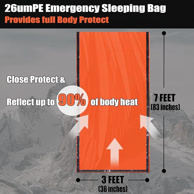 Frelaxy Emergency Sleeping Bag 1-Pack/2-Pack, Extra-Thick Compact Survival Bivy with Whistle, Storage Pouch, and EVA case, Perfect for Survival Kits