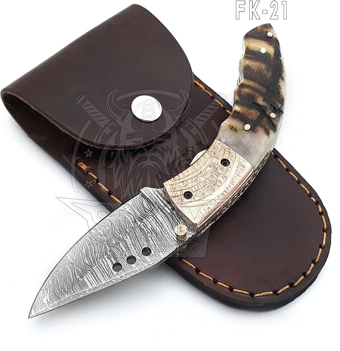SHINY CRAFTS -Damascus Folding Knife Pocket Knives Hunting Knife Tactical Knife – Utility Pocket Knife - Everyday Carry - PlainEdge - Leather Sheath (FK 21)