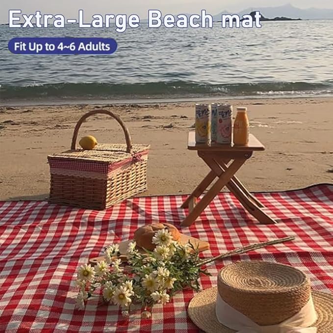 K Y KANGYUN XXL Large Beach Blanket (80 "x 79") Picnic Blankets fit 4-7 Adults, Waterproof Sandproof Beach Picnic Mat Foldable Rug with Family Outdoor Blanket for Camping Park Travel (Red Check)