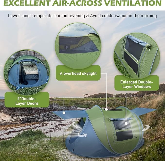 Pop Up Tent, HIKERBRO 4 Person Instant Tent with Skylight, Waterproof Instant Pop Up Tent with Rainfly, Easy Setup Camping Tents, 2 Doors & Windows, 4 Men Automatic Family Tent for Hiking, Traveling