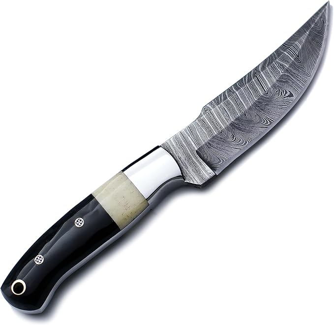 Handmade Damascus Steel Fixed Blade Knife Ideal for EDC Hunting,Survival,Camping,Bushcraft,And Fishing Fixed Blade with Drop Point Blade-Full Tang Bone Handle with CowHide-Leather Sheath-WKD-786
