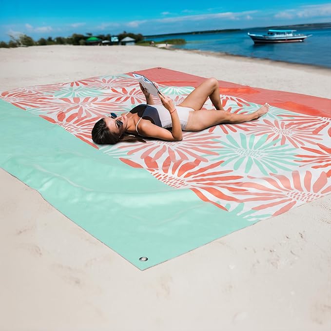 Mooreeke Beach Blanket Extra Large Oversized 9 x 10 ft, Colorful Flowers Sandproof Waterproof Quick Drying Lightweight Compact Outdoor Blanket Beach Mat for Family Travel Camping Picnic, 1-8 Adults