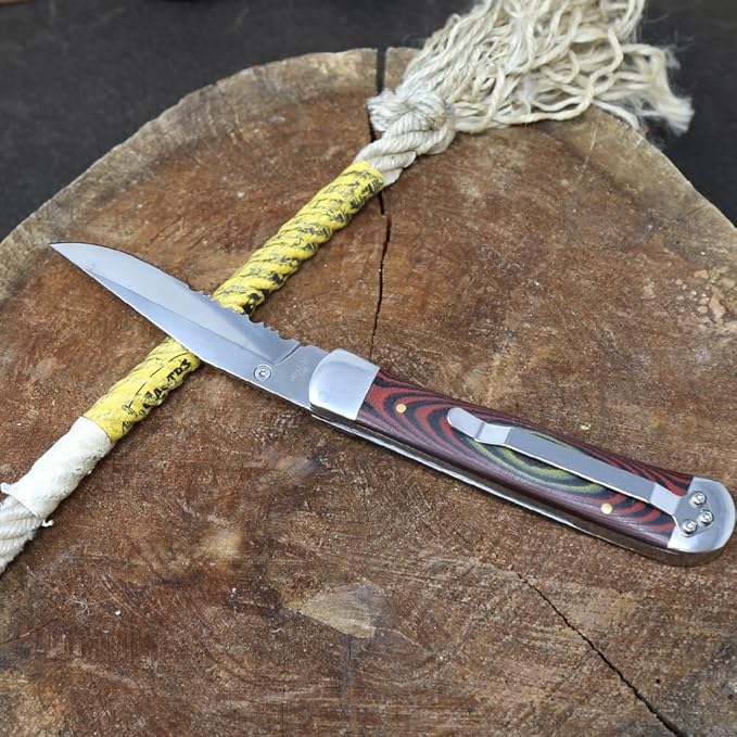 WHISKEY BENT HAT CO. Locking Trapper Folding Pocket Knife 4.125" Closed Length 440C Stainless Steel Blades (Desert Sand - Serrated)