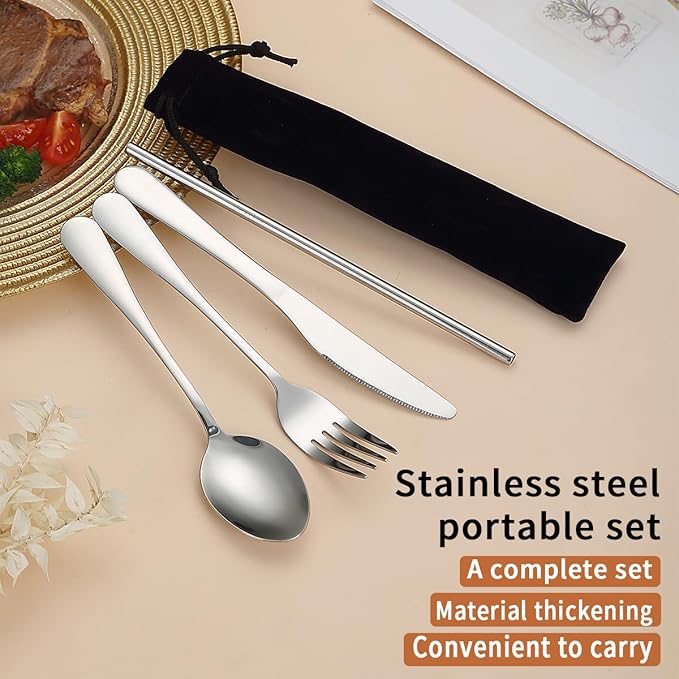Kyraton Portable Flatware, Reusable Camping Flatware, Bento Box Flatware, Silverware For School/Work/Office/Outdoor, Dishwasher Safe, Set of 4 Pieces