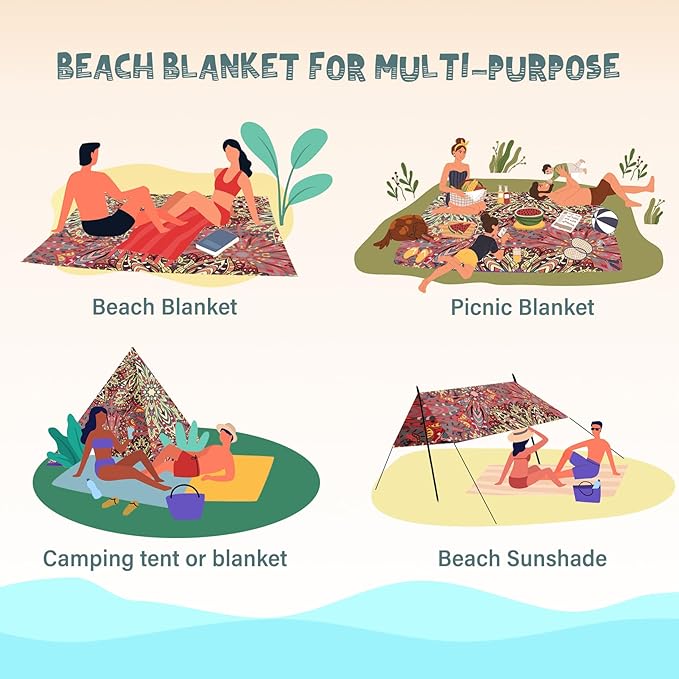 Beach Blanket Waterproof Sandproof 1-7 Adult Oversized 78 '' × 110 '' Lightweight Durable Compact Sand Free Beach Mat for Travel Camping Hiking Picnic Blanket Extra Large