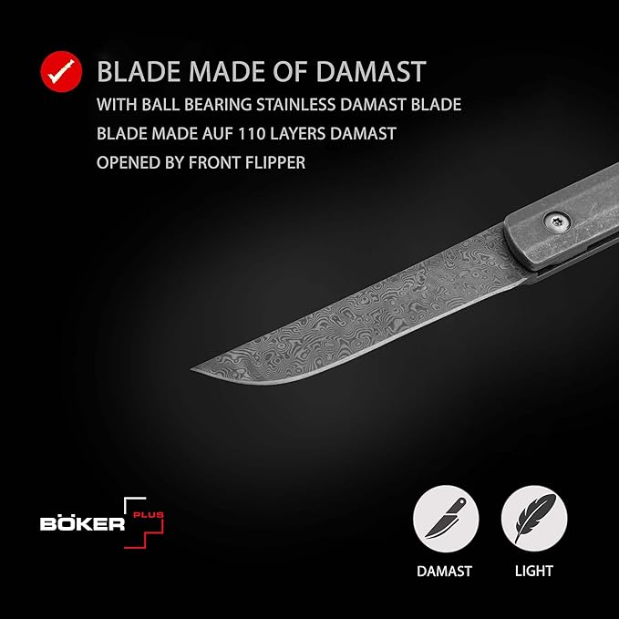 Boker Plus Wasabi Damascus - Slipjoint pocket knife with titanium handle scales - classic folding knife with damascus blade - slipjoint knife with knife case