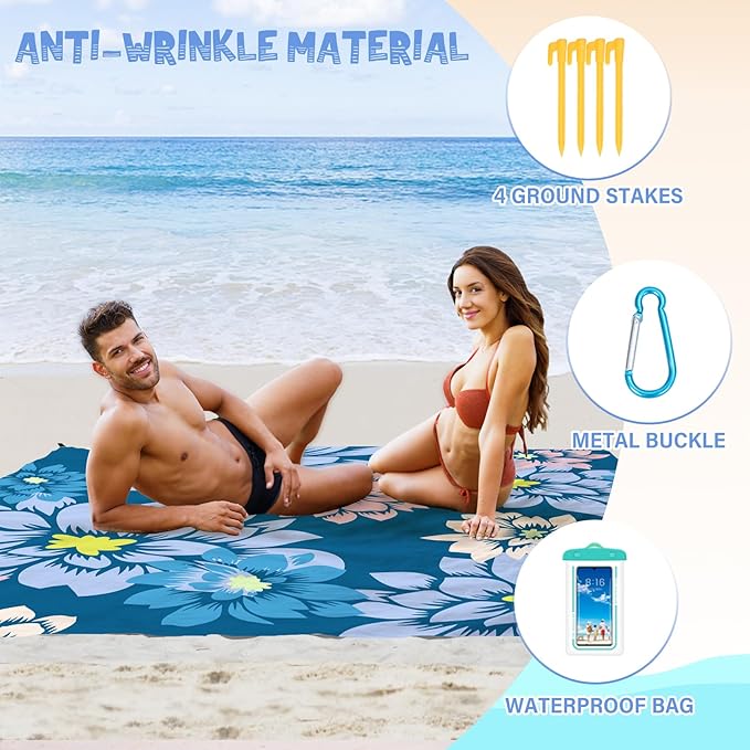 Beach Blanket Waterproof Sandproof 1-7 Adult Oversized 78 '' × 110 '' Lightweight Durable Compact Sand Free Beach Mat for Travel Camping Hiking Picnic Blanket Extra Large