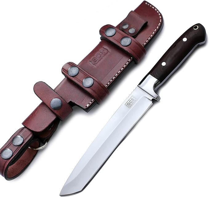 GCS Handmade Outdoor Tanto Knife with Black G10 Handle D2 Tool Steel - Extra Sharp Survival Tactical Hunting Fixed Blade Knife Cow Hide Sheath GCS215