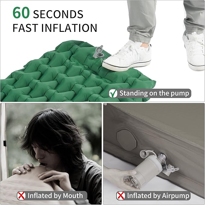 Naturehike Camping Sleeping Pad, Ultralight Inflatable Sleeping Mat with Pillow Built-in Pump, 2.6 Inch Lightweight Air Mattress for Backpacking, Hiking, Traveling, Green