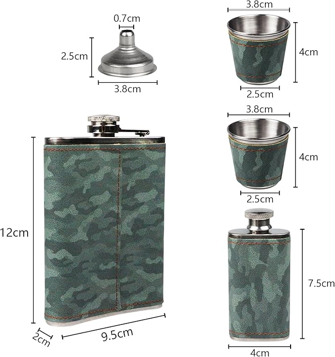 Hip Flask Gift Set, Hip Flasks for Liquor for Men with camouflage Leather Cover, 8 Oz Hip Flask, 18/8 Stainless Steel Hip Flasks, Flasks for Liquor for Men Gift Box