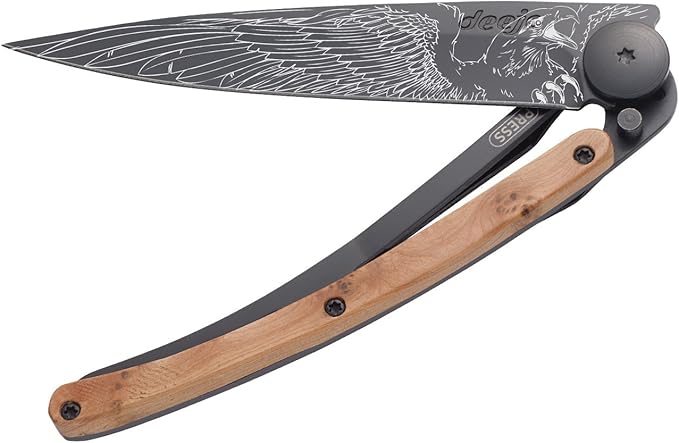 deejo Ultra Lightweight Folding Pocket Knife with Belt Clip - Juniper Wood Version 1.3 oz - Fine, Sharp Blade - Eagle Pattern - Black Titanium Coating Stainless Steel - Elegant and Modern Design
