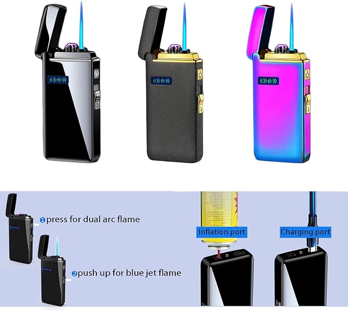 Windproof Dual Arc Lighter Rechargeable Torch Lighter USB Inflatable Jet Flame Lighter Refillable Brush Black Color for Kitchen BBQ