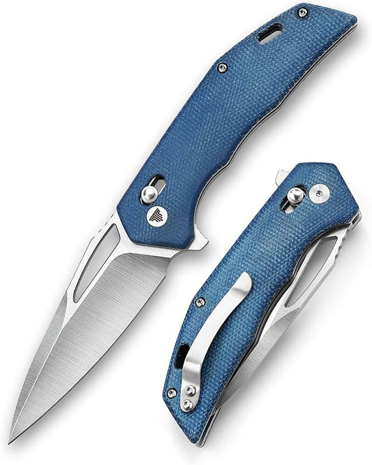 Pocket Folding Knife for Men，Flipper Knife with Clip for EDC Survival Camping Outdoor Everyday Carry，3.38" 14C28N Steel Blade，Micarta Handle，Vela-04L