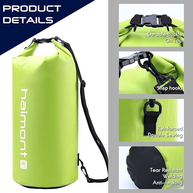 Haimont Waterproof Dry Bag Floating Dry Sack Roll Top Drybag Backpack for Kayaking, Rafting, Boating, SUP, Fishing with IPX8 Waterproof Phone Case, Love Bird Green, 30L