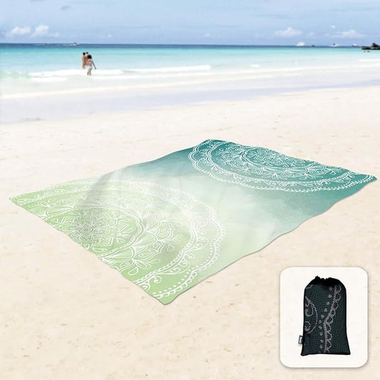 Sunlit Silky Soft 106"x81" Boho Sand Proof Beach Blanket Sand Proof Mat with Corner Pockets and Mesh Bag for Beach Party, Travel, Camping and Outdoor Music Festival, Tiffany Green Mandala