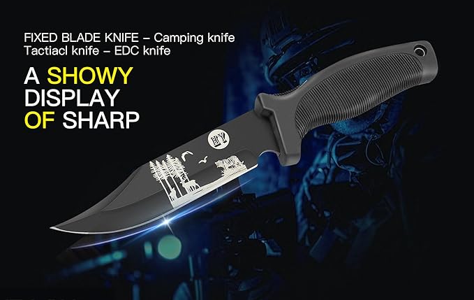 Fixed Blade Hunting Knife, Black High Hardness Plastic Handle with Sheath,Suitable for Hiking, Adventure, Survival and Collection (Black-forest)