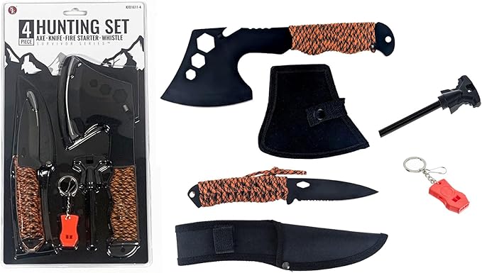 SE 4-Piece Survival Essentials Kit with 10.5-Inch Axe, 8-Inch Drop Point Knife, Magnesium Fire Starter, & 115dB Whistle - Hunting & Outdoor Gear