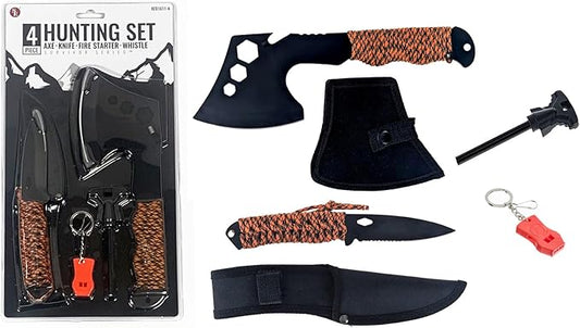 SE 4-Piece Survival Essentials Kit with 10.5-Inch Axe, 8-Inch Drop Point Knife, Magnesium Fire Starter, & 115dB Whistle - Hunting & Outdoor Gear