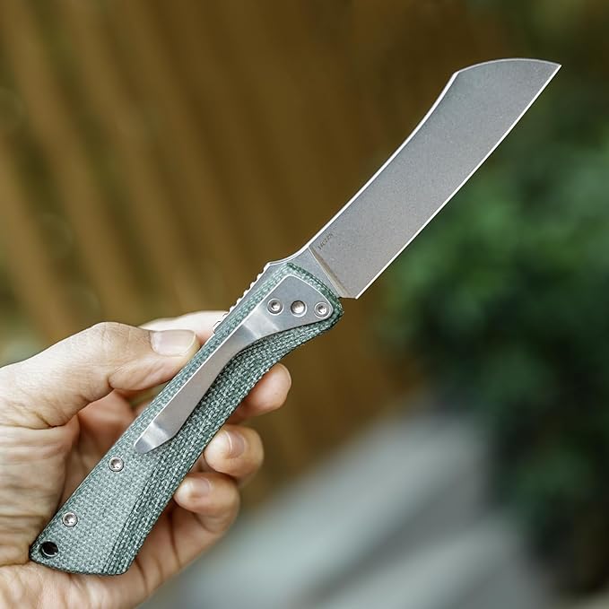 Japanese Pocke Folding Knife with Clip,Stonewashed 14C28N Steel Blade,Green Micarta Handle,Front Flipper Modern Higonokami EDC Knives for Men,Norma-04G