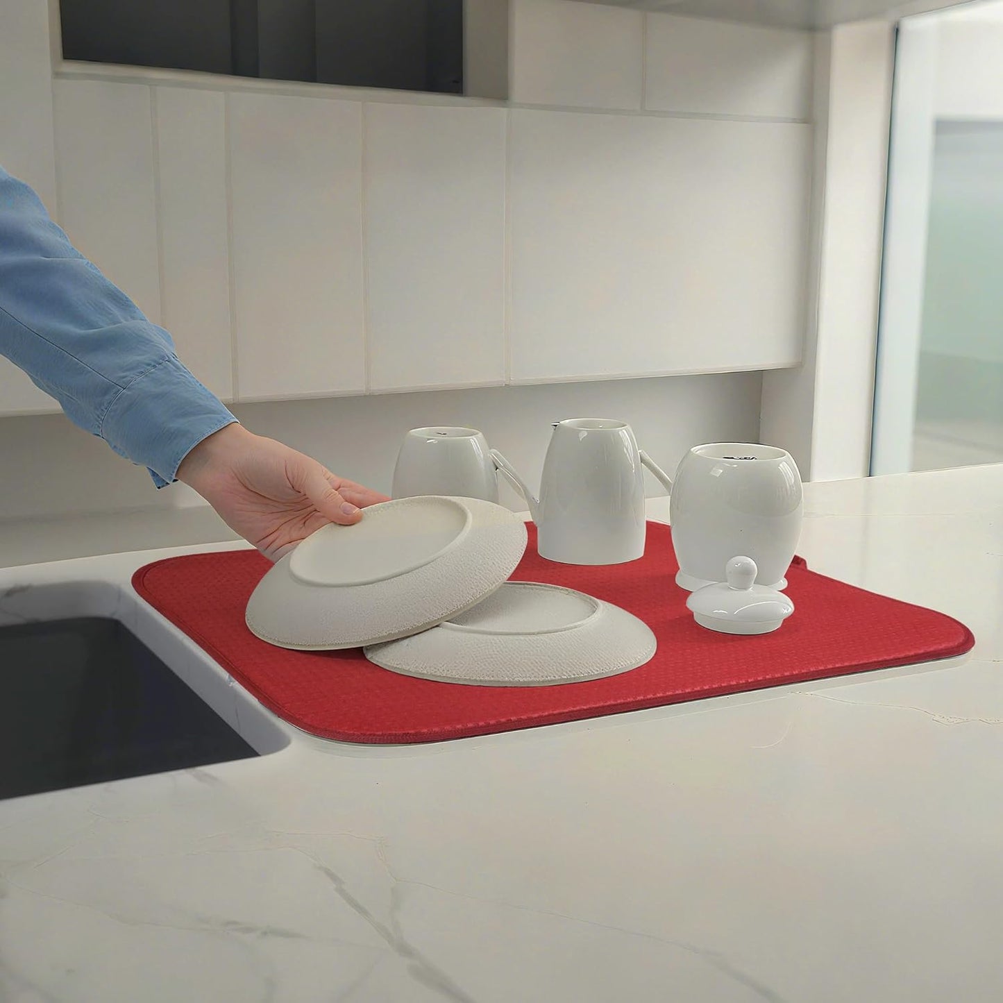 2 Pack Dish Drying Mat for Kitchen Counter, Super Absorbent & Anti-Slip, Machine Washable, 15" x 20" (Red)