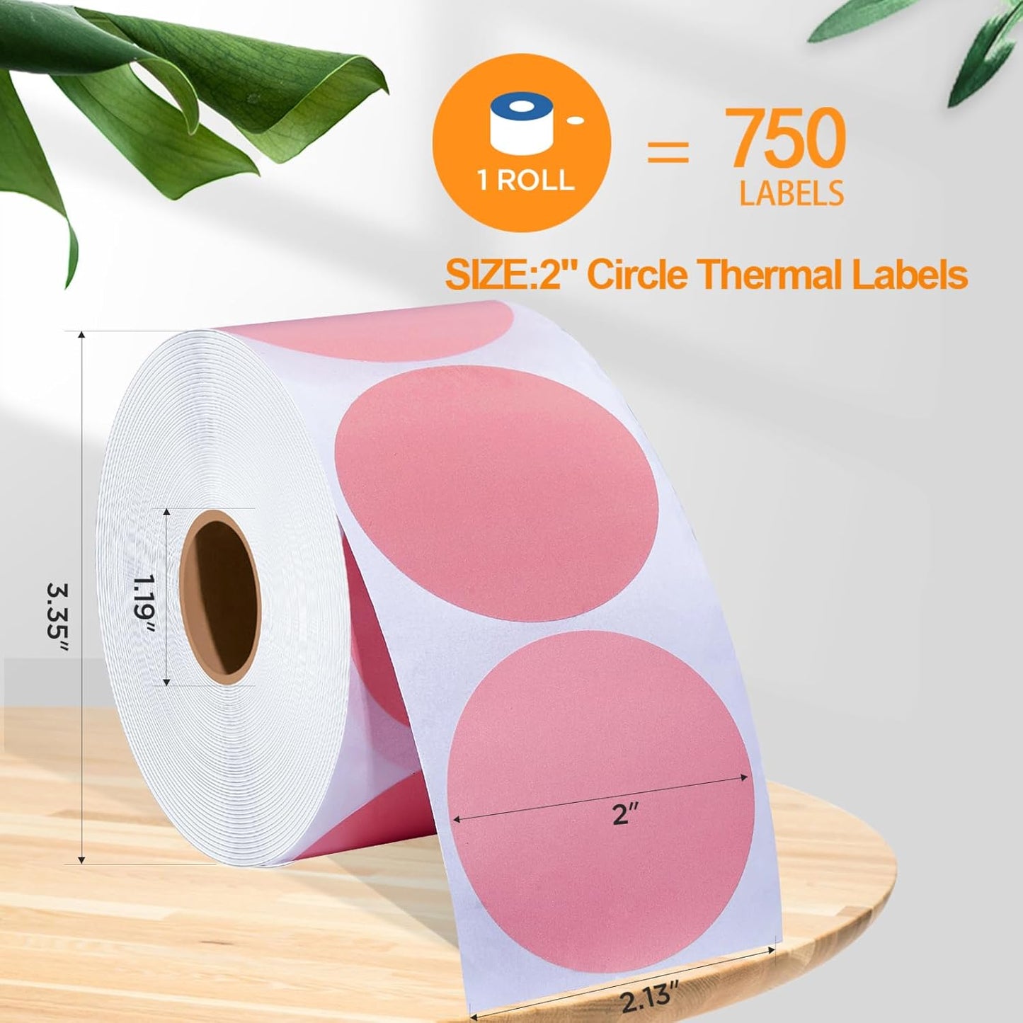 2 Inch Circle Thermal Sticker Labels, 2" Self-Adhesive Round Thermal Stickers for Business-750 Labels/1 Roll (Pink)