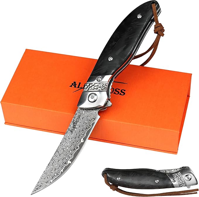 ALBATROSS HGDK028 EDC Sharp Mordern Damascus Folding Pocket Knife with Luminous Carbon Synthetic Material Handle,Ball Bearing Assisted Opening Knives with Liner Lock Tail rope，Gifts/Collections