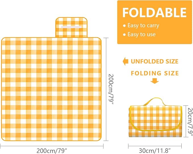 Picnic Blankets,80"X80" Outdoor Picnic Blanket, Picnic Mat for Beach, Grassland, Foldable Portable, Easy to Clean,Waterproof,Sandproof (Yellow, 80"*80")