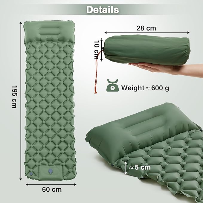 Self-Inflating Sleeping Mat, Ultralight Air Mattress with Integrated Pillow, Outdoor Foldable Sleeping Mat for Camping, Hiking, Trekking, Tent (Green)