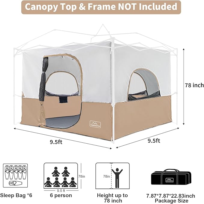 KAMPKEEPER Camping Inner Tent for Pop Up CanopyFully Vented Roof, Converts 10'x10' Straight Leg Canopy into Camping TentKhaki