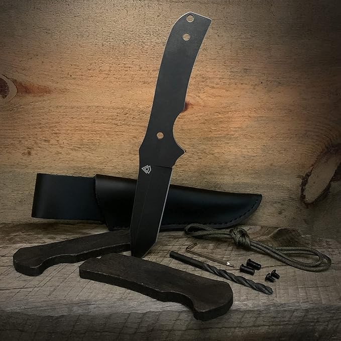 Black Sierra Japanese Tanto Knife Building Kit, Handmade Knife Kit w/Stonewashed Finished Steel Blade and Deluxe Leather Sheath, DIY Fixed Blade Gift for Men, Perfect for Father's Day Gift