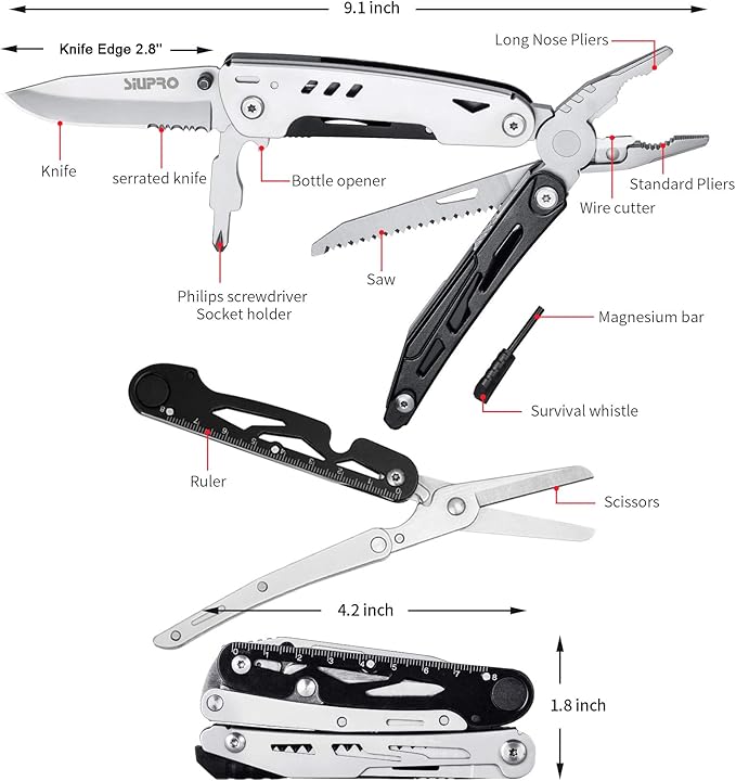 Multitool Pocket Knife for Men, Tactical Multi Tool Saw, Screwdriver kit, Flint with Nylon Pouch, Detachable Large Scissors Plier for Camping, Survival, Dad Gifts Ideas