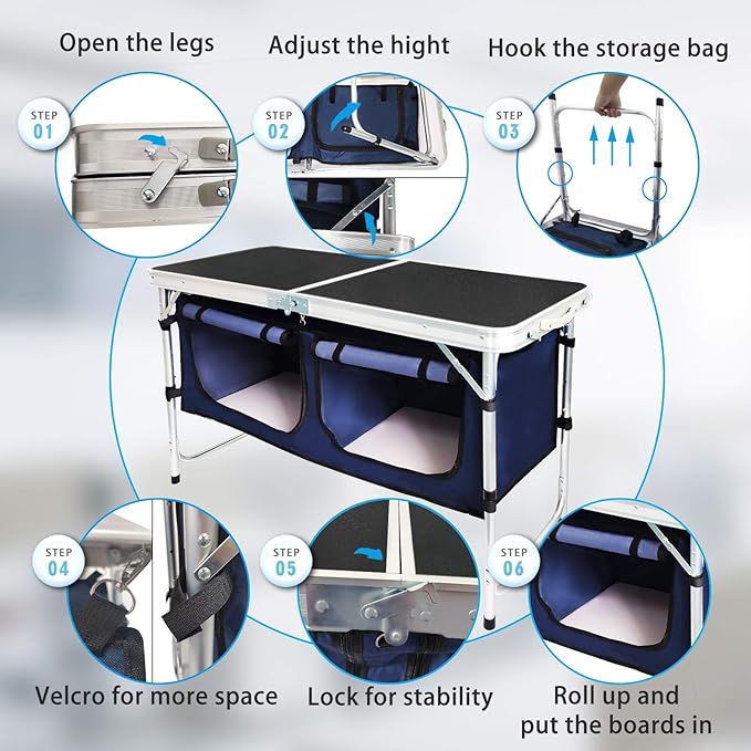 CampLand Outdoor Folding Table Aluminum Lightweight Height Adjustable with Storage Organizer for BBQ, Party, Camping