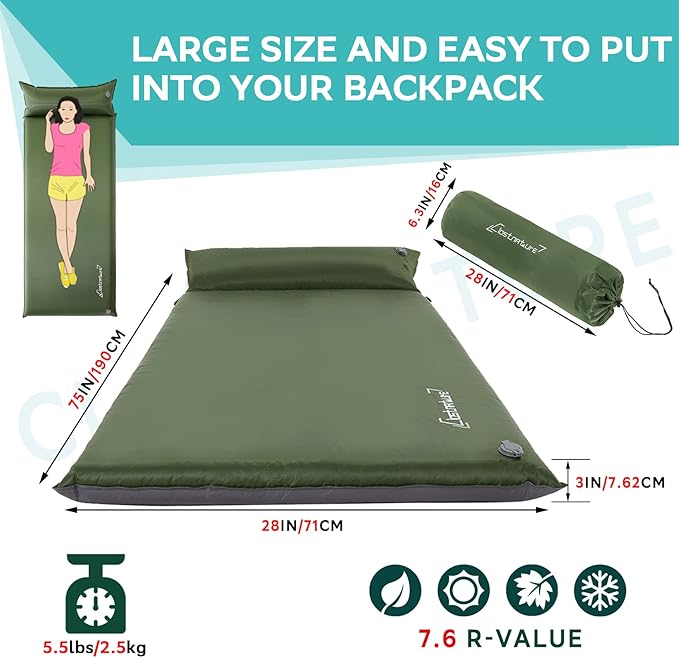 Clostnature Self Inflating Sleeping Pad for Camping - 1.5/2/3 inch Camping Pad, Lightweight Inflatable Camping Mattress Pad, Insulated Foam Sleeping Mat for Backpacking, Tent, Hammock