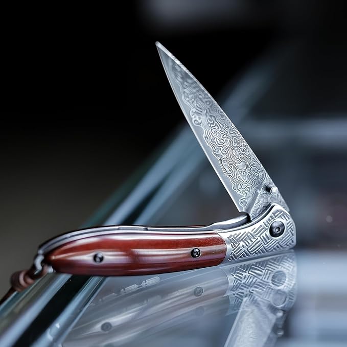Handmade Damascus Steel Folding Pocket Knife with Leather Sheath,3.15in Blade Bone Handle Thumb Stud Opener Knives for Men EDC, Piscis Austrinus-02B