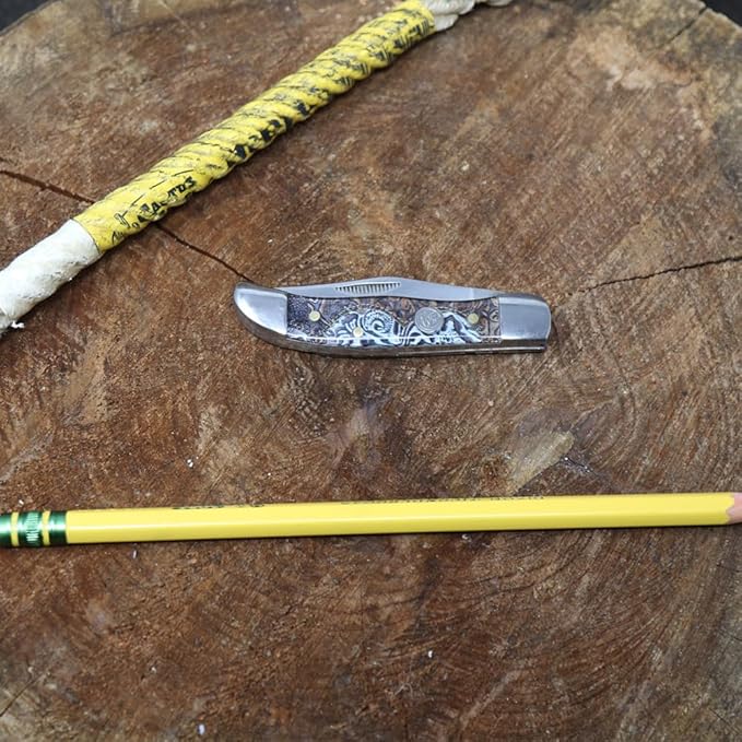 WHISKEY BENT HAT CO. Mini Hunter Folding Pocket Knife 2.75" Closed Length 440C Stainless Steel Blade (Tooled Country)