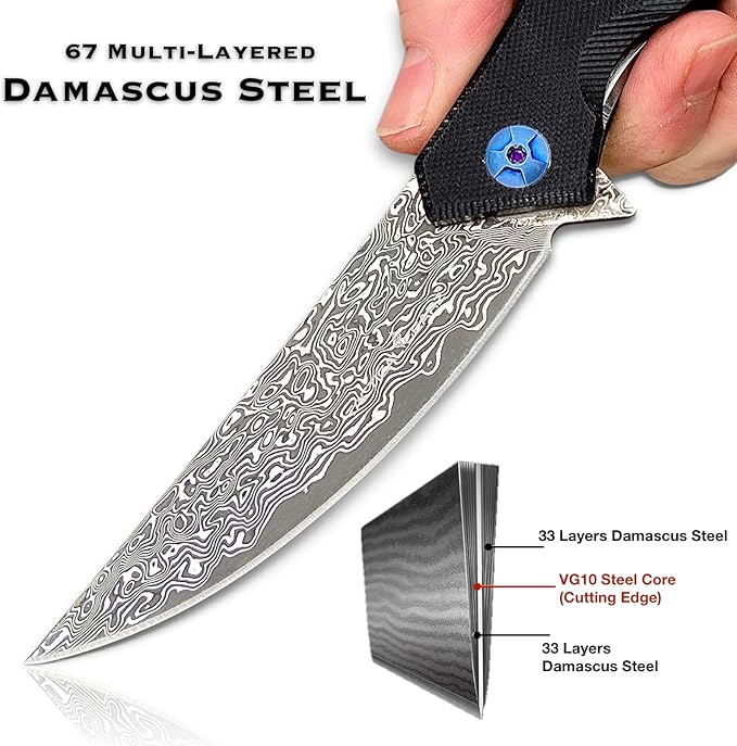 TACTICAL GEARZ EDC Damascus Pocket Folding Knife! G10 Handle! 67 Multi-Layered VG10 Damascus Steel Blade. Includes Sheath! (XT Black)