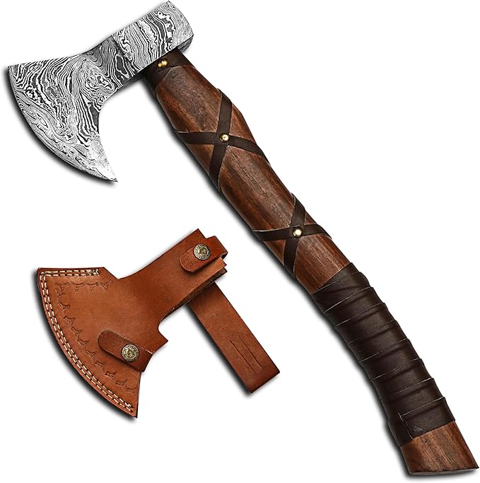 AX-9436 Custom Handmade Viking Hatchet Axe Damascus Steel Bearded Axe Camping Tomahawk Battle Axe with Sheath