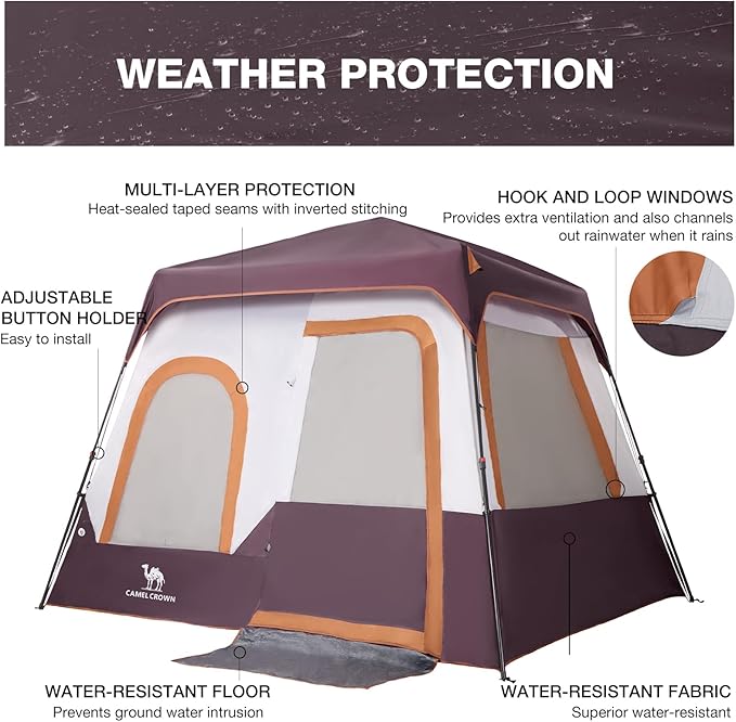 CAMEL CROWN Cabin Tent with 1-Minute Setup, 4/6 Person Instant Tent with Weatherproof Floor
