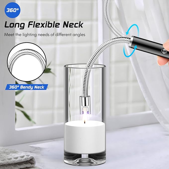 Candle Lighter Electric Arc Lighter USB Rechargeable Lighter with 360° Flexible Neck LED Display for Camping Cooking BBQs Fireworks