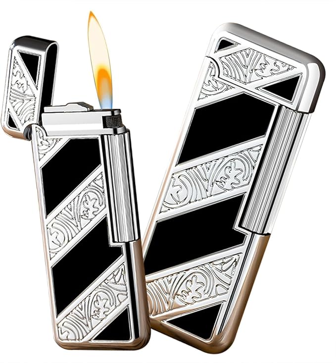 Open Flame Lighter, Classic Retro Lighter, Adjustable Open Fire Butane Flame Lighter, Slide Sliding Wheel Ignition Lighter for Kitchen, Indoor, Outdoor, Grill, Men's Gifts (Black Silver)