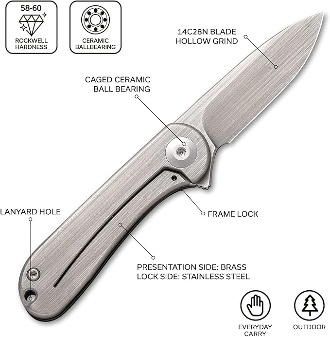 CIVIVI Mini Elementum Flipper Pocket Knife, Small folding Knife with 1.83" 14C28N Blade, Brass and Stainless Steel Handle C18062Q-1
