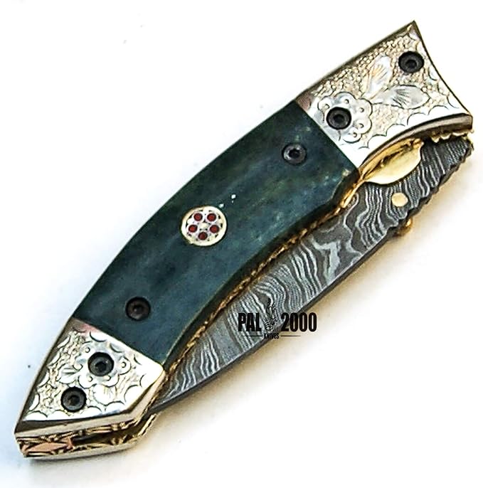 PAL 2000 KNIVES FOL-9455 Handmade Damascus Blade Hunting knife 7.4 Inches Folding Pocket Knife Stained Camel Bone Handle