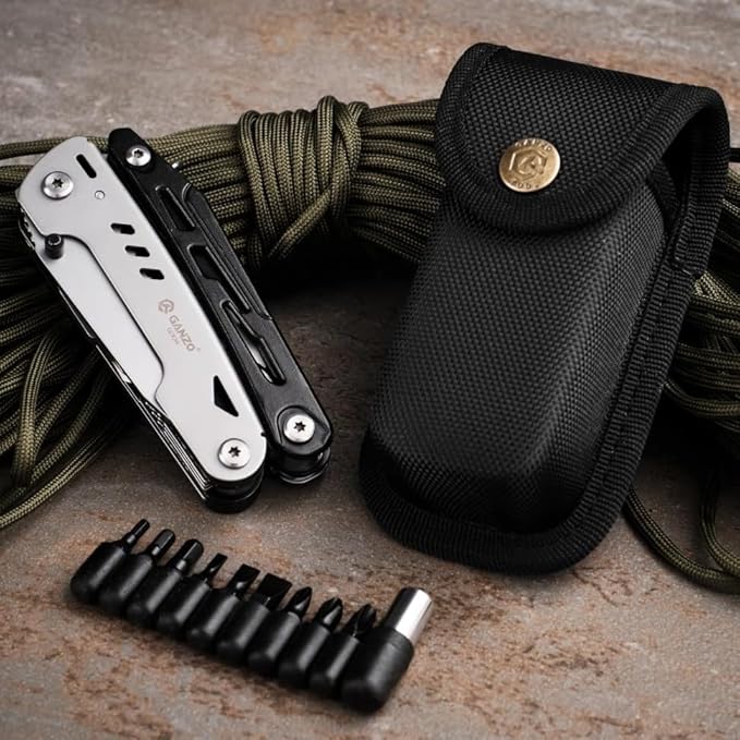 Ganzo G304 Full-sized Multitool, 21-in-1 Stainless Steel Pocket Knife with Screwdriver, Pliers with Sheath, Perfect for Outdoor, Survival, Camping, Hiking, Repair, EDC, Silver-black