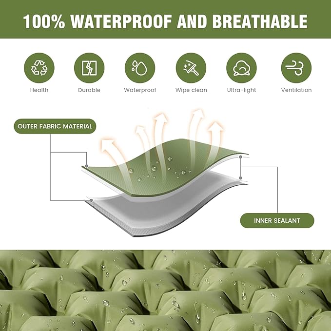 Queen Size Sleeping Pad for Camping, Lightweight Waterproof Camping Air Mattress with Built-in Pump Camping Bed for Backpacking Gear, Hiking, Tent, Traveling Green