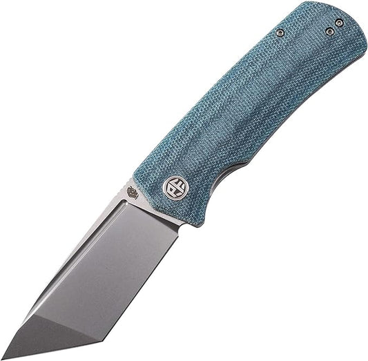 Petrified fish PFP01T Beluga,3.58" K110 Black Stonewashed Blade, 157g Micarta Handle Front Flipper Liner lock Folding knife (Blue Micarta, Stonewashed)