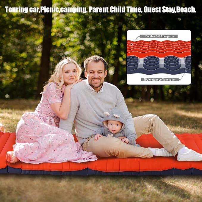 Megior Camping Sleeping Pad, Extra Thickness 4 Inch Inflatable Sleeping Mat Lightweight Waterproof Camping with Built-in Pump Air Mattress for Backpacking, Hiking, Tent, Traveling, Orange